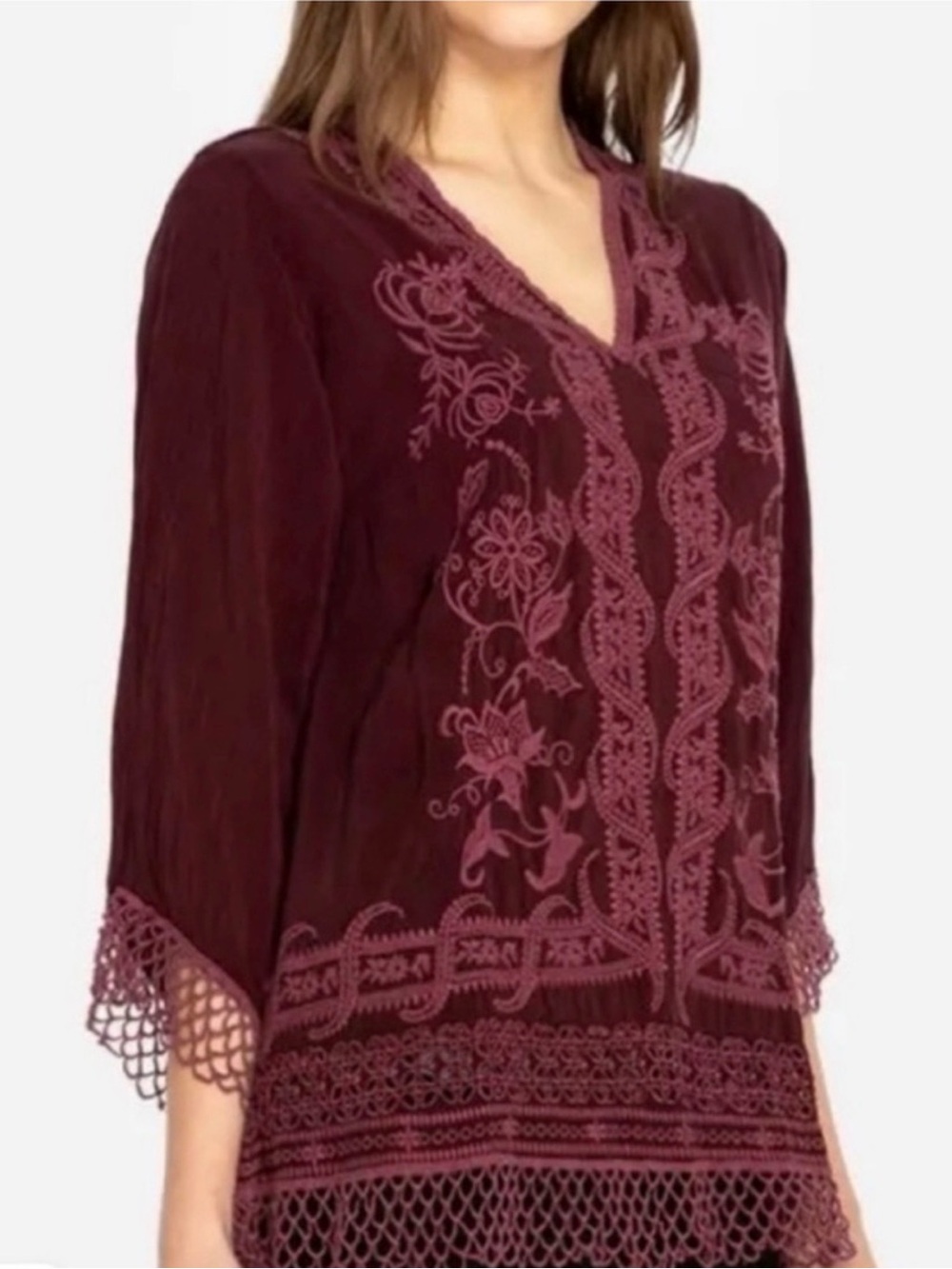 Johnny Was Floral Embroidered Assic Lace-Trim Merlot Tunic